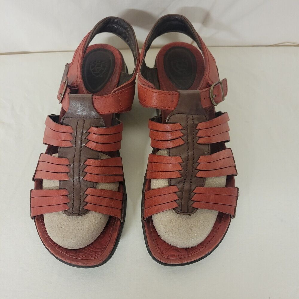 Ariat Size 10B Burnt Red Tooled Leather Slingback Sandals Buckle Comfort, Casual